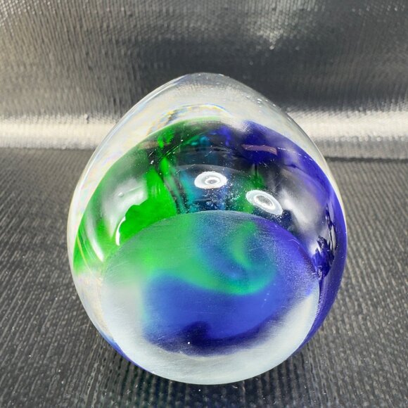 Vintage 1980s Oval Glass Paperweight With Large Bubbles Blue Green Glass Decor - Picture 11 of 11